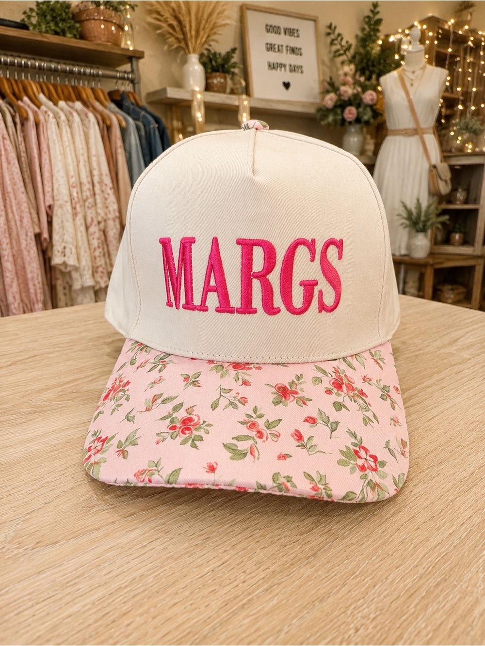 Boutique “MARGS” Floral Brim Adjustable Baseball Cap Pink Embroidered NWT